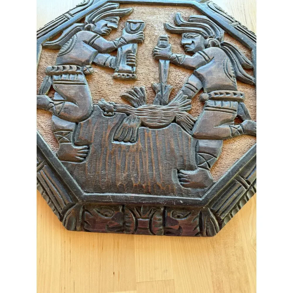 VINTAGE Guatemala Mayan Carved Wood Wall Plaque Folk Art 14.5 Hanging Decor Wall